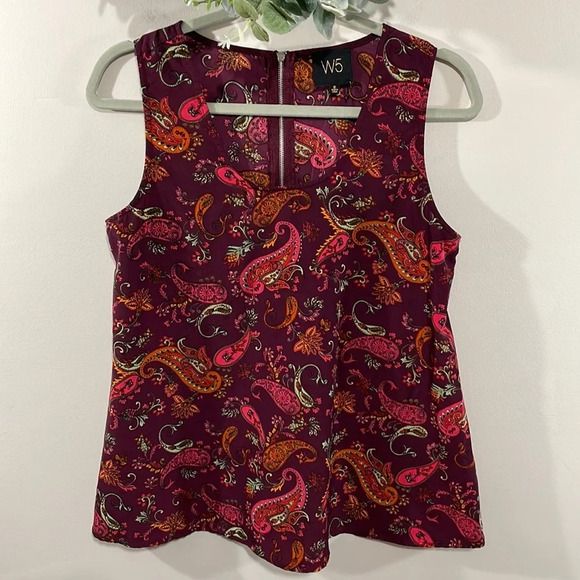 NWOT W5 Sleeveless Paisley Satin Tank Top Exposed Back Zipper S - Picture 1 of 12